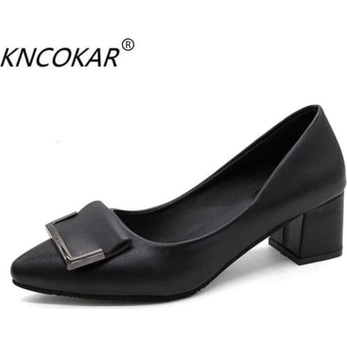 KNCOKAR New 2018 simple and fashionable metal square buckle womens single shoes pointed shallow mouth thick heel womens shoes