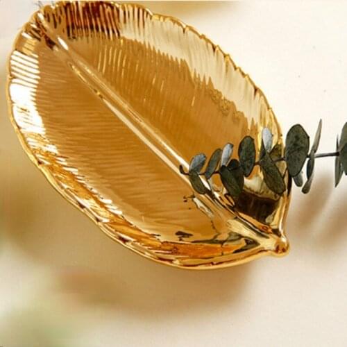 Leaf Jewelry Storage Tray Ceramic Plating Gold Creative Ornaments Home Decoration Luxury Modern Home Decor Tray Dried Fruit Dish