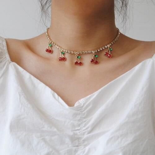 Luxury Jewelry Cherry Tennis Necklace Choker Chain for Women Cute Charm Pendant Necklace Crystal Choker Jewellery