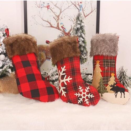 Machine Embroidered Plaid Snowflake Decorative Socks Pendant Brown Fringed Red Black Plaid Christmas Socks