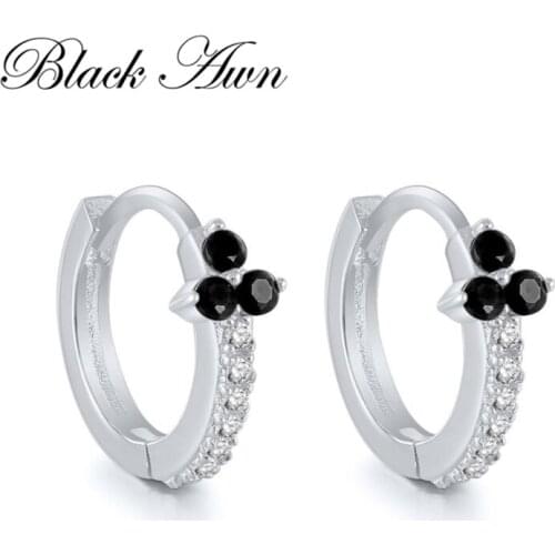 Black Awn New Classic 925 Sterling Silver Round Black Trendy Spinel Engagement Hoop Earrings for Women Fine Jewelry Bijoux I166