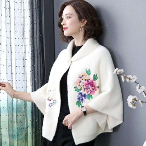 ZJZLL 2021 Embroidery Mink Velvet Munti Functional Shawls Coats Wool Feeling Knit Cashmere Scarf Women Short Cloak Capes Ponchos