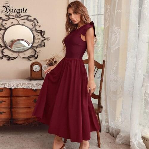 VC 2021 Summer Ladies Dress Fashion Flying Sleeve Round Neck Long Bandage Frill Ankle Length