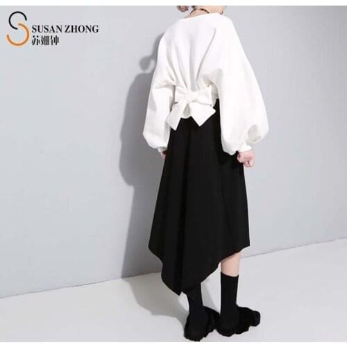 Women Hoodies Female Sweatshirt Top Japan Style Designer Fall Spring Loose Round Neck Lantern Sleeve Strap Bow Irregular Hem