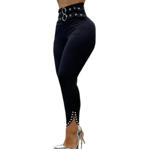 Women Pants Solid Color Hip Lift Stretchy Rivet Slit Hem Belt Skinny Trousers Leggings for Work