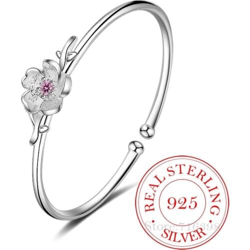 925 Sterling Silver Plum Flower Open Bracelets & Bangles High Quality Elegant Lady Sterling-silver-jewelry Pulseira Feminina