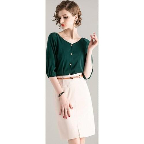 2 Piece Set Women 2020 Spring and summer V Neck Half sleeve Solid color Single Breasted Top + Knee Length Skirt Set
