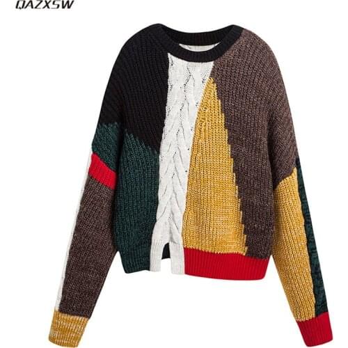 2019 New Women Autumn Spring Sweater Patchwork Loose Pullover Causal O-neck Vintage Coat Ladies Harajuku Outwear Knit Tops AC151