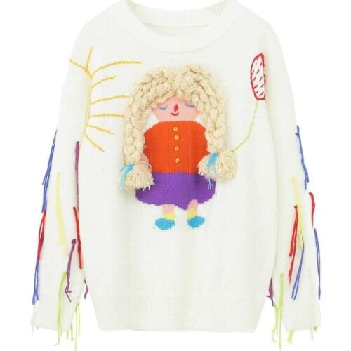 Cartoon Tassel Knitted Sweater Women Loose Casual Sweater 2020 Winter Christmas New Oversized Cartoon Girl Character Pullover