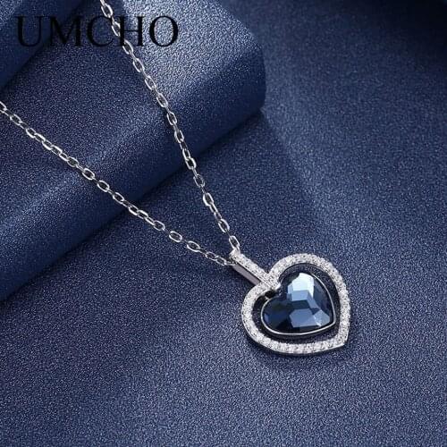 UMCHO Real 925 Sterling Silver Crystal Heart Pendant Necklace For Women Girl Prom Banquet Dance Engagement Party Fine Jewelry