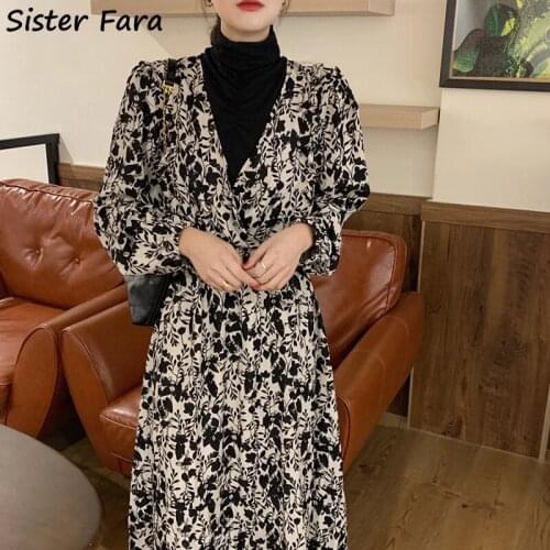 Sister Fara Spring Autumn Fake Two-piece Dress Womens Turtleneck Patchwork Long Dress Elegant Ladies High Waist Floral Dresses