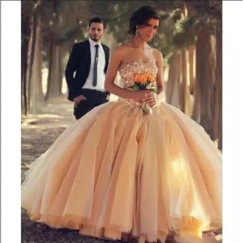 Angelsbridep Strapless Tulle Ball Gown Quinceanera Dresses 15 Party Formal Crystals Beaded Floor-Length Princess Birthday Gowns