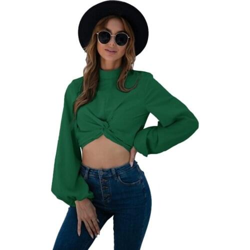 Spring Autumn Fashion Woman Blouses And Shirts 2021 Casual Green Chiffon Folds Lantern Sleeve Crop Tops Women