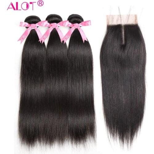 Brazilian Straight 3 Bundles With Lace Closure 40 Inch Straight Human Hair Weave Bundles With 4x4 Lace Part Closure Baby Hair