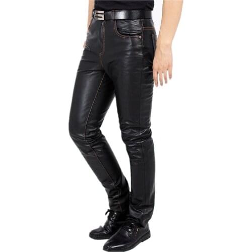 Cowskin Mens Pants Casual Slim Elongated The First Layer Cowskin Pants Quality Genuine Leather Pants Straight Leather Pants