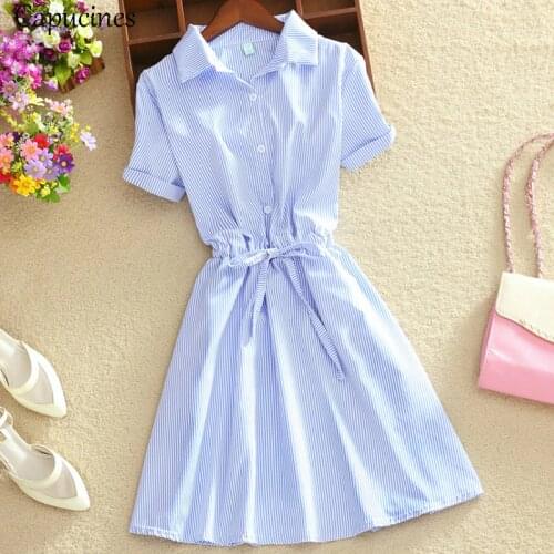 Blue Vertical Striped Shirt Dress Women Belted Button Short Sleeves Summer Dress Turn Down Collar Office Work Wear Female