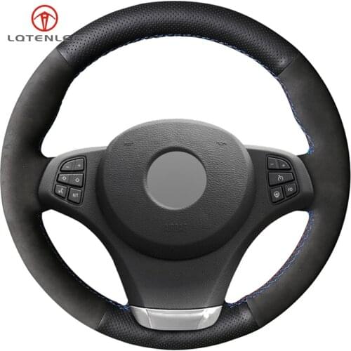 LQTENLEO Black Genuine Leather Black Suede DIY Hand-stitched Car Steering Wheel Cover for BMW E83 X3 2003-2010 E53 X5 2000-2006
