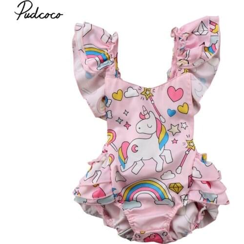 Pudcoco 2018 Summer Printed Unicorn Baby Girls Bodysuit Newborn Baby Girls Backless Unicorn Bodysuit Jumpsuit Baby Clothes 0-24M