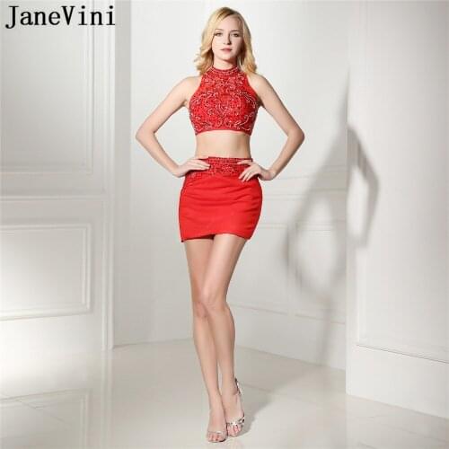 JaneVini Sexy Red A Line Two Pieces Cocktail Dress Short High Neck Heavy Beaded Backless Chiffon Mini Cocktail Dresses Plus Size