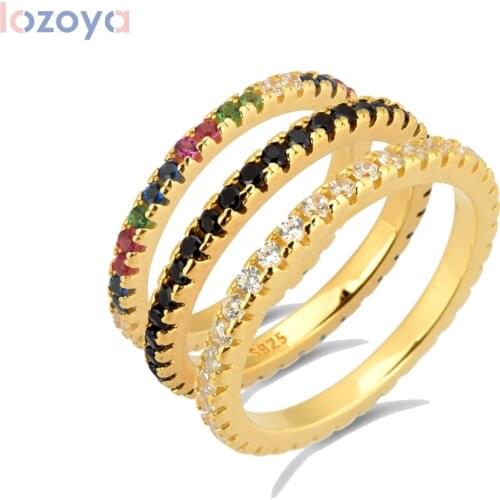 Lozoya 925 Sterling Silver Circle Line ZIrcon Rings Rainbow Black White Rock Punk Colorful 2021 Fashion European Simple Jewelry
