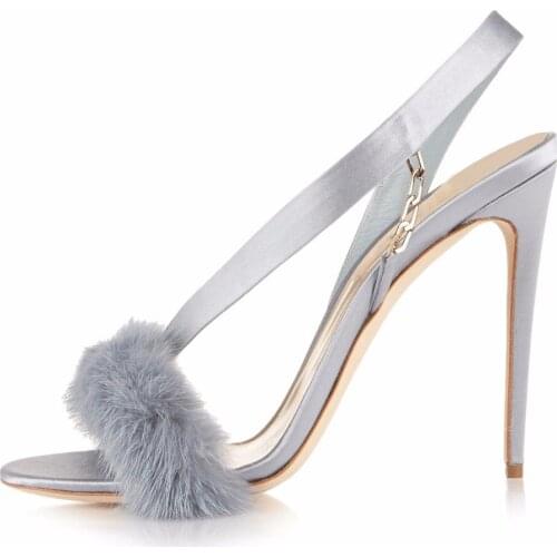 Fashion Woman Rabbit Fur Peep Toe Satin Back Strap Sandals Stiletto High Heel Chains Decoration Cutout Party Shoes