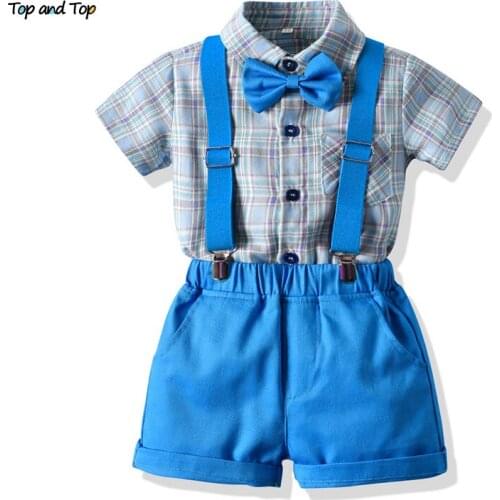 Top and top New Fashion Kids Boys Gentleman Clothes Sets Short Sleeve Shirts with Bow Tie+Overalls 2PCS Suit Toddler Boy Outfits