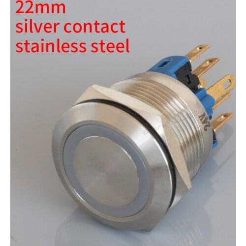 22mm Momentary ring LED illuminated Push Button Switch S22F-11E stainless steel 6 pin 1NO1NC silver contact metal self reset