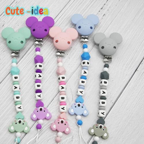Cute-idea Personalized Name Handmade Pacifier Clip Holder Chain Silicone Pacifier Chains Koala head Baby Teether Teething Chain