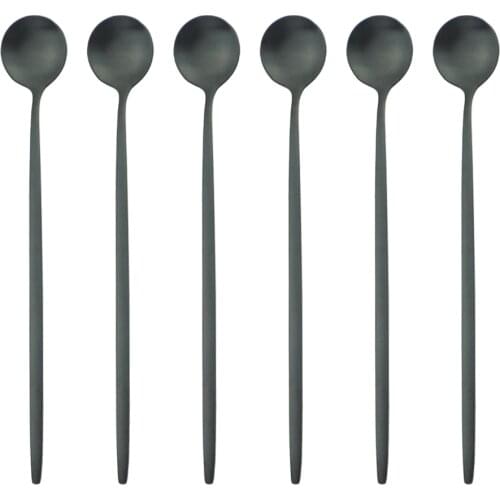 6Pcs/Set Black Long Handle Cutlery Matte Stainless Steel Spoons Polished Stirring Drink Ice Cream Dessert Tea Spoons Dinnerware