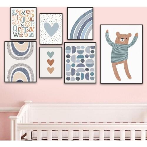 Rainbow Heart Bear Alphabet Boho Wall Art Canvas Painting Nordic Posters And Prints Wall Pictures Baby Bedroom Child Room Decor