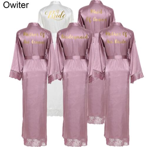 Owiter 2019 New Silk Satin Lace Robes White Bridesmaid Bride Wedding Long Robe Bathrobe Plus Size Maid of Honor Gown Pajamas