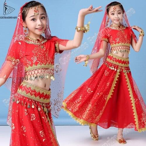 New Style Kids Belly Dance Indian Costume Set Sari Bollywood Children Outfit Halloween Chiffon Top Belt Skirt Veil Headpiece