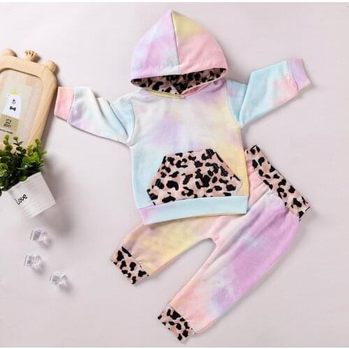 Newborn Baby Clothes Long Sleeevd Autumn Hoodie Suit Baby Girl Clothes Winter Stitching Leopard Print Tie-dye Hooded Sweater Out