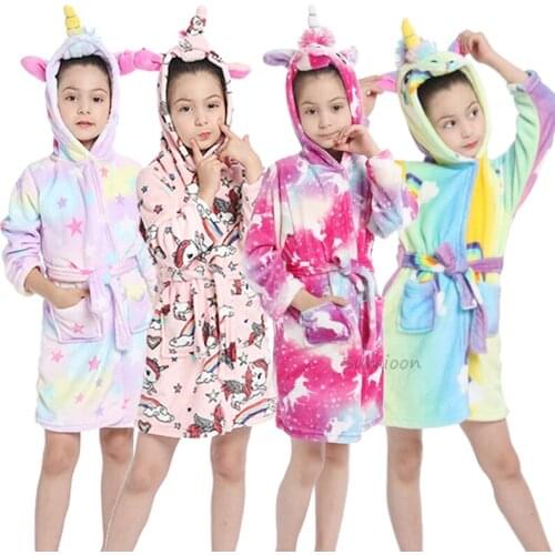 Autumn Winter Kids Sleepwear Robe Animal Unicorn Flannel Warm Bathrobe For Girls 2-8 Years Toddler Children Pajamas For Boys