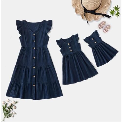 Mother and Daughter Matching Dress Solid Color Flying Sleeve Baby and Mom Daughter Clothes 2021 Fashion Summer Family Look
