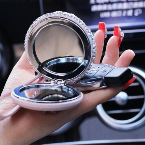 Car key pendant makeup mirror ladies personality creative car interior jewelry crystal diamond key chain leather buckle lanyard