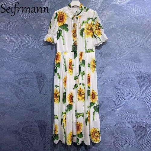 Seifrmann New 2021 Summer Women Fashion Designer Party Long Dress Flare Sleeve Bow Ruffles Patchwork Floral Print Ladies Dresses