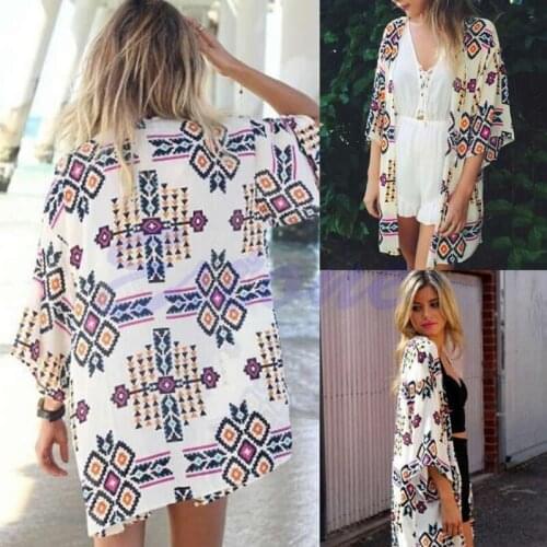 Sexy Women Chiffon Geometry Loose Shawl Kimono Boho Coat Jacket