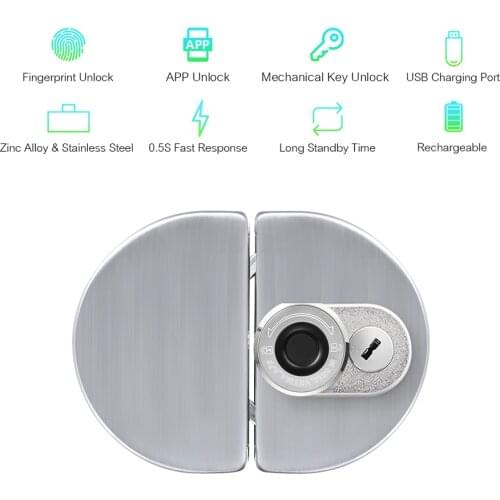 Smart Glass Door Lock Fingerprint APP Mechanical Key 3 Unlocking Ways Stainless Steel 100 Fingerprints Rechargeable Doorlock