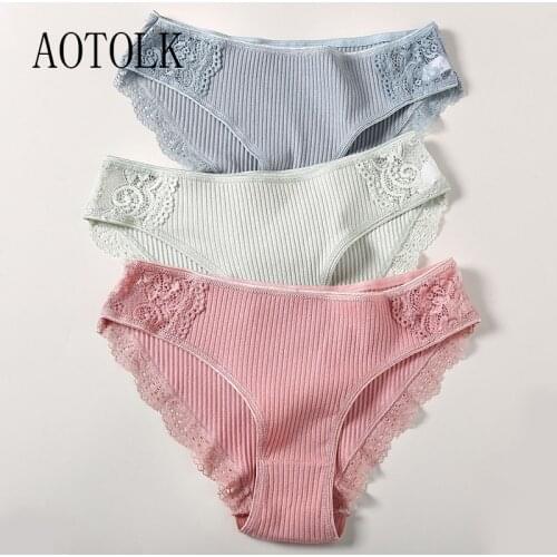 1Pac Large Size Underpants M-XXL Striped Lace Trim Underwear Cotton briefs Womens Solid Panties Low-waist Female Lingerie