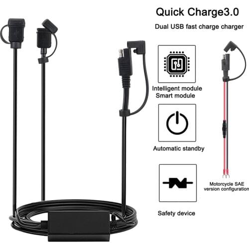USB Motorcycle Charger Waterproof 12V-24V Quick Charger 3.0 SAE Version Configuration Motorcycle Handlebar Charger Dual USB Port