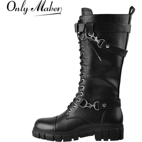 Onlymaker Spring Autumn Mid-Calf Boots Lace Up Metal Locks Decoration Matte Black Flat Heels Shoes Comfortable Zipper 2021