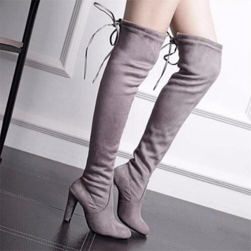 Women boot Faux Suede Women Over The Knee Boots Lace Up Sexy High Heels Shoes Woman Female High