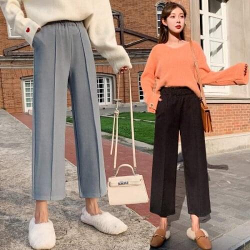 Women Loose Causal Wide Leg Pants Elastic Waist Nine Points Thicken Long Trousers