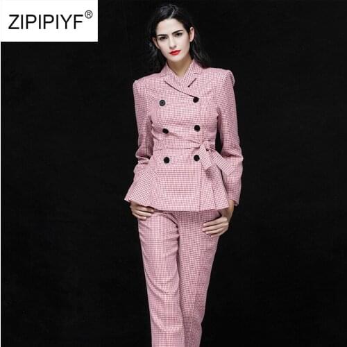 New Arrival 2019 OL Style Fashion Pants Suits Women Double Breasted Blazer 2 Two Piece Set Plaid Jackets & Pants Blazers AB216