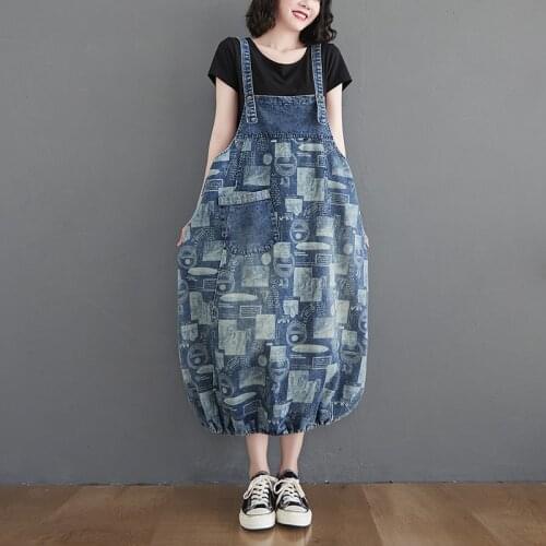 #2463 Printed Denim Overalls Dress Women With Pockets Loose Casual Vintage Midi Dress Ladies Sleeveless Spaghetti Straps Dress
