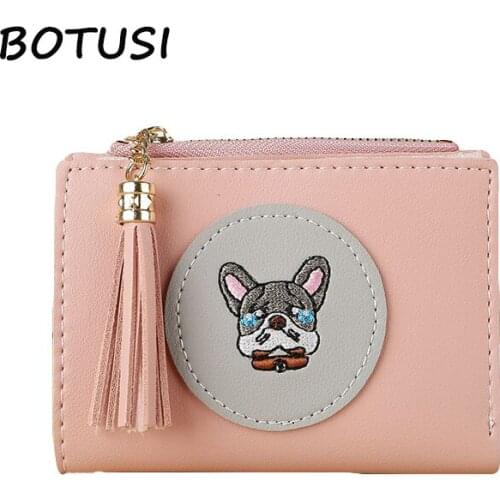 BOTUSI Female Wallet Short Embroidery Dog Pattern Women Wallets Coin Purse Card Holders Short Hasp PU Leather Zipper Tassel
