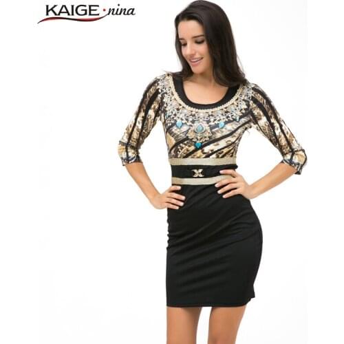 Tropical Floral Print Sequin Fashion Vestidos Hot Sale Women Sequin Sheath leopard Three Quarter O-Neck Mini Dress 1866-3-5-7 a