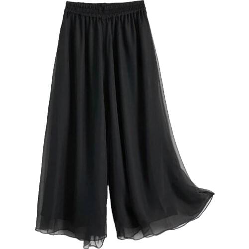 AECU Women Wide Leg Solid Color Culottes Pant Female High Waist Thin Chiffon Plus Size Casual Ladies Culottes Trousers