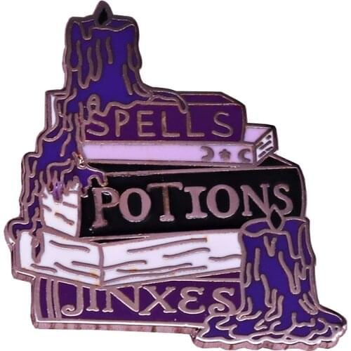 Purple spells book stack pin wizardry potions badge black flame candle brooch witchcraft jewelry Halloween magic literary gift